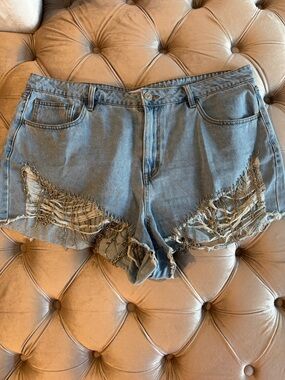 Forever 21+ Light Blue Distressed Denim Shorts with Beaded Rhinestones